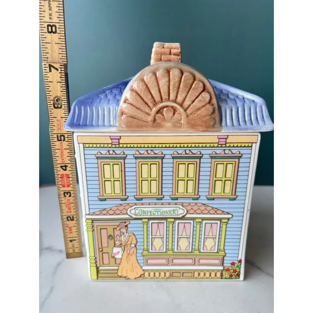 Vtg Avon Ceramic Confectionery House Canister Victorian Storefront Cookie Jar